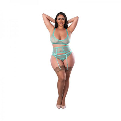 Magic Silk Soft Petals Bralette, Waist Cincher And Panty Set Aqua Queen Size