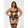 Valentines Heart Embroidered Mesh Bra, Waspie & Panty Black 1x/2x