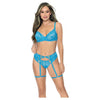 Underwire Lace Bra, Garterbelt & G-string Blue Small