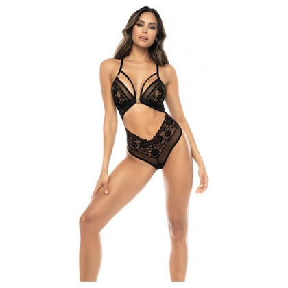 Lace & Mesh Teddy W/front Clasp & Lace Up Back Black S/m