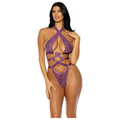 Camille Lace Halter Teddy With Lace Up Details - Purple S/m