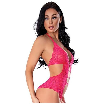 Get It Girl Lace Halter Teddy W/snap Crotch - Pink L/xl