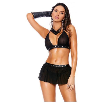 Leather & Mesh Halter Bra Top W/mini Skirt & G-string - Black Md