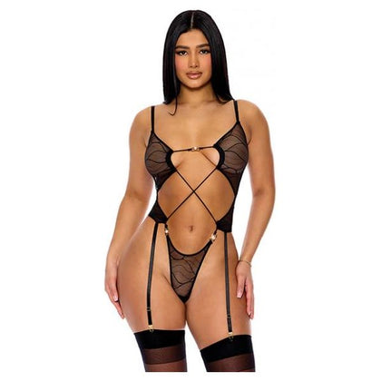 Pull My Strings Sheer Mesh Teddy W/garters & Faux Pearl Details - Black Xl