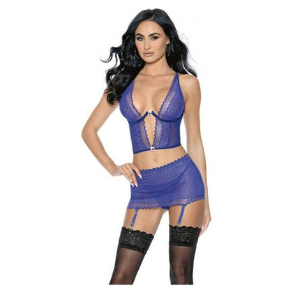 '=lace & Mesh Long Line Bra, Garter Skirt & G-string Midnight Blue Medium