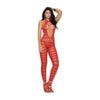 Opaque Net Striped Bodystocking Open Crotch Red O/S