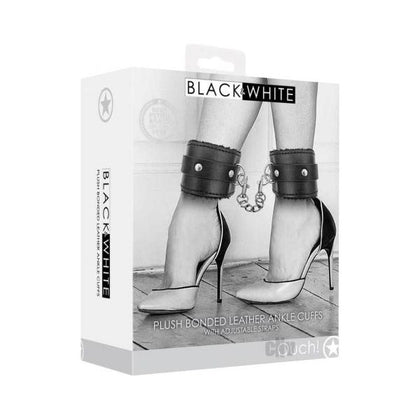 Ouch! Black & White Plush Bonded Leather Ankle Cuffs With Adjustable Straps Black