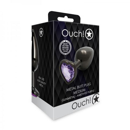 Shots Ouch! Heart Gem Butt Plug Medium Gunmetal/amethyst