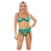 Sheer Lace Underwire Bra, Garter Belt & Panty Green Lg