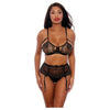 Two Tone Scalloped Lace Bra, High Waist Garter Belt & G-string Black/silver Sm