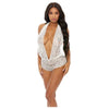 Sheer Lace Deep V Halter Bodysuit W/open Crotch White Md