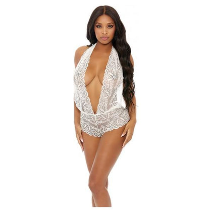 Sheer Lace Deep V Halter Bodysuit W/open Crotch White Xl