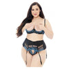 Embroidered Lace Open Cup Bra, Garter Belt & G-string Black/blue 3x/4x