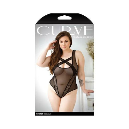 Curve Audrey Criss-cross Mesh Bodysuit With Lace Panel Detail And Snap Closure 1x/2x Black