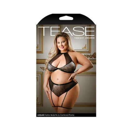 Tease Logan Halter Bralette & Panty With Detachable Leg Garters Black 3x/4x