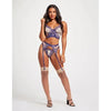 Sheer Stretch Mesh W/floral Contrast Embroidery Bustier, Garter Belt & Thong Blue/nude Xl