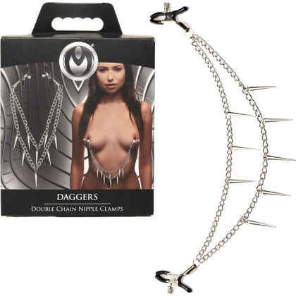 Firmly establish your dominance with Bad Bunny's Daggers Double Chain Nipple Clamps, Model DDC-001, for Men and Women, designed for Nipple Play in Black and Silver.