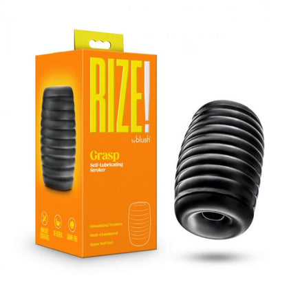 Blush Novelties Rize Grasp Self Lubricating Stroker Black: Male Dual Chambered Stroker Model 2024 for Intense Sensations and Easy Clean-Up