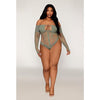 Long Sleeve Opaque And Fishnet Seamless Teddy W/removable Halter Chain - Sage Green Qn