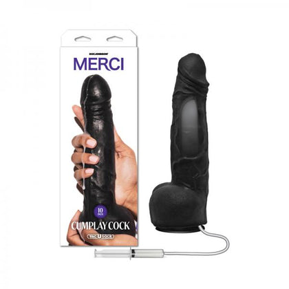 Introducing the Merci Dual Density Ultraskyn Squirting Cumplay Cock With Removable Vac-U-Lock Suction Cup 10in Black - Realistic 10