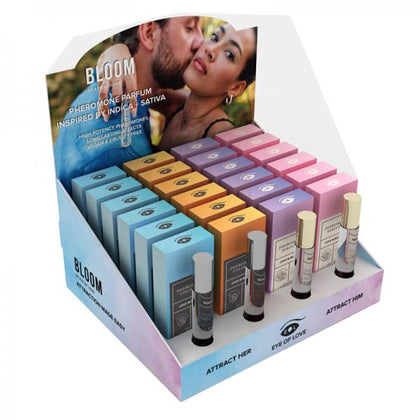 Eye Of Love Bloom Pheromone 10ml Perfume Display 4x6, Unisex Indica and Sativa Fragrances Set in Lilac, Blue, Yellow, and Green