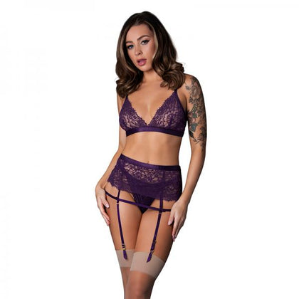 Magic Silk Leather & Lace Bralette, Garter Skirt & Thong Set Plum S/m