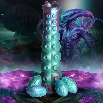 Ethereal Pleasures Silicone Alien Dildo - Galactic Breeder X13 - Unisex - Internal Stimulation - Iridescent Teal-Red-Blue