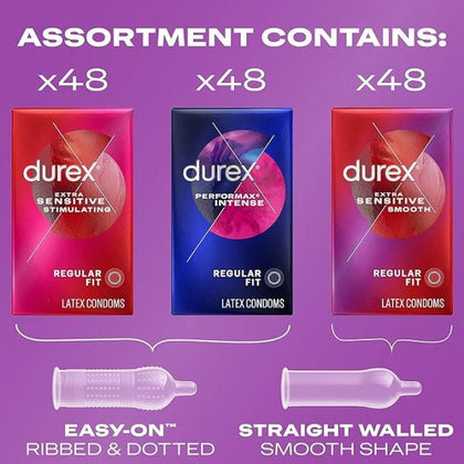 Durex Variety Pack 144 Ct: Durex Adventure Bulk Condom Pack featuring Extra Sensitive Smooth, Stimulating, and Preformax Intense Ribbed and Dotted Condoms for Men, enhancing Pleasure in Natural, Blue, and Silver for Sensual Wellness.