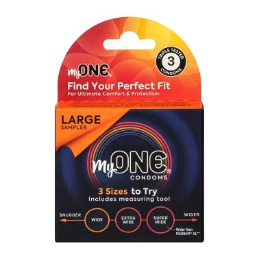 MyOne Large Sampler 3 Ct Latex Condoms | Paradise Products | Large Sampler Kit: My One Fit Codes 57G, 60H, 64J | Unisex | Assorted Colours