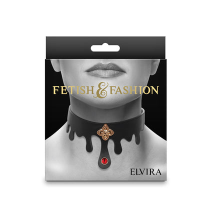 Fetish & Fashion Bondage Collar Elvira FFF-001 Unisex Neck Restraint in Black with Ruby Jewel ⛓