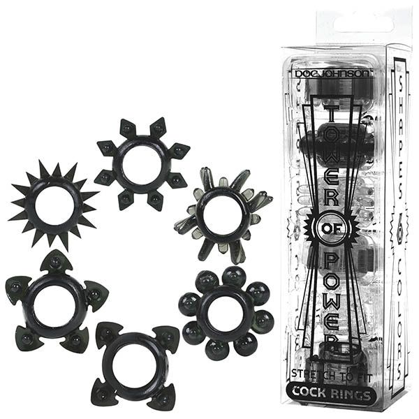 Doc Johnson Tower of Power Vibrating Cock Rings Set - Model T6 - For Men - Enhances Pleasure and Stamina - Assorted Colors