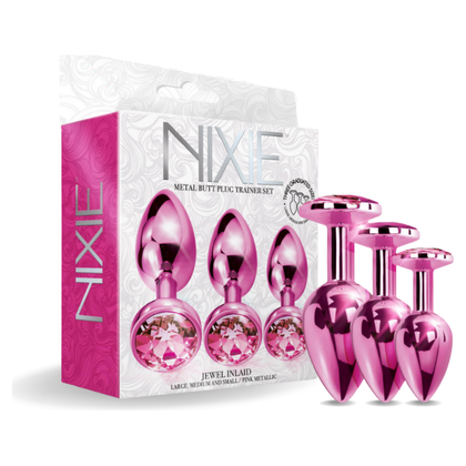 Introducing the Sensual NIXIES Metal Butt Plug Trainer Set - Model MPT-2000: The Ultimate Pleasure Experience for All Genders in a Mesmerizing Metallic Pink Shade - Adult Naughty Store