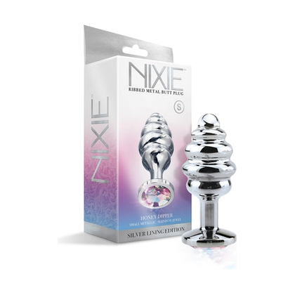 Introducing the Nixie Ribbed Metal Butt Plug Honey Dipper Small: A Sensational Pleasure Delight for All Genders in a Mesmerizing Metallic Hue