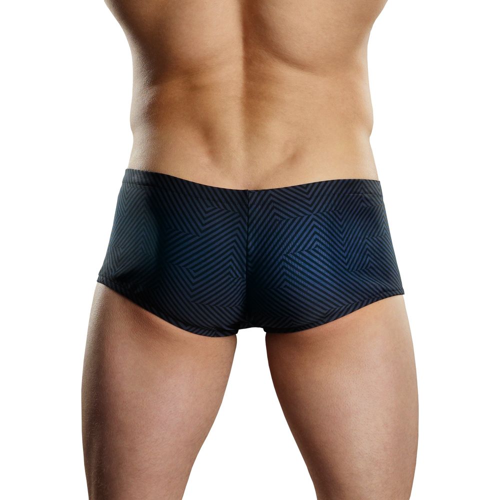 Male Power Zipper Short - Radical Line Print Nylon Spandex Sexy Men's Erotic Underwear - Black
