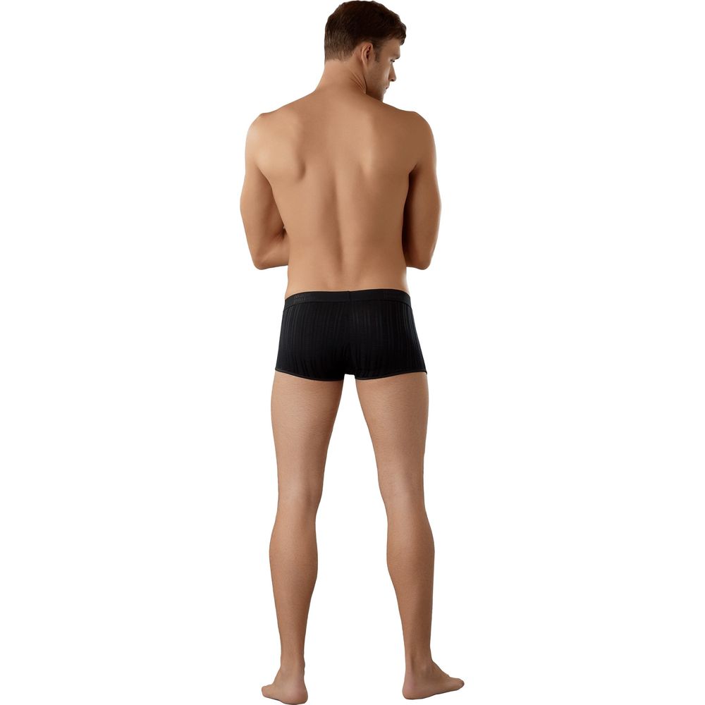 Male Power Pouch Enhancer Short - Sensory Textured Black Satin and Sheer Underwear