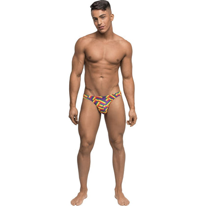 Male Power Pride Fest Bong Thong - Rainbow Herringbone Print, Men's Erotic Underwear for Sensual Support and Style