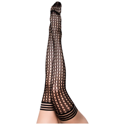 Kix'ies Mimi Size D Thigh-High Fishnet Stockings - Sensual Black Circle Pattern for All-Day Seduction