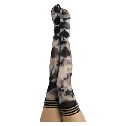Kix'ies Mackenzie Size D Tie-Dye Thigh-Highs for Women - Sensational Black, White, and Tan Tie-Dye Thigh-High Stockings for All-Day Comfort and Style
