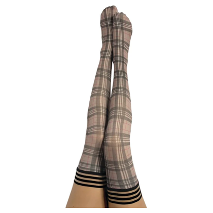 Kixies Lori Size D Plaid Thigh-High Stockings for Women - Elegant Business-Attire Inspired Design - No-Slip-Grip - Tan and Black Plaid Pattern