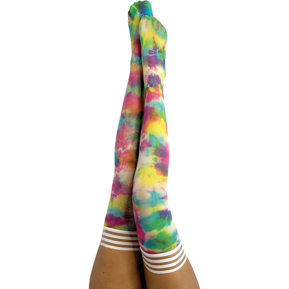 Introducing the Kixies Gilly Multi-Color Tie Dye Thigh-Highs - Size B: Vibrant Rainbow Thigh-High Stockings for All-Day Comfort and Style