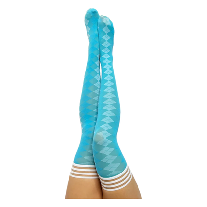 Kix'ies Golf Collection Teal Thigh-High Stockings - The Ultimate Golf Fashion Statement, Model D, Women's Opaque Argyle Print, Blue
