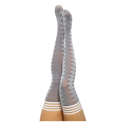 Kix'ies PAR 4 - Grey Argyle Thigh-High Stockings: Elegant Golf Collection for Women