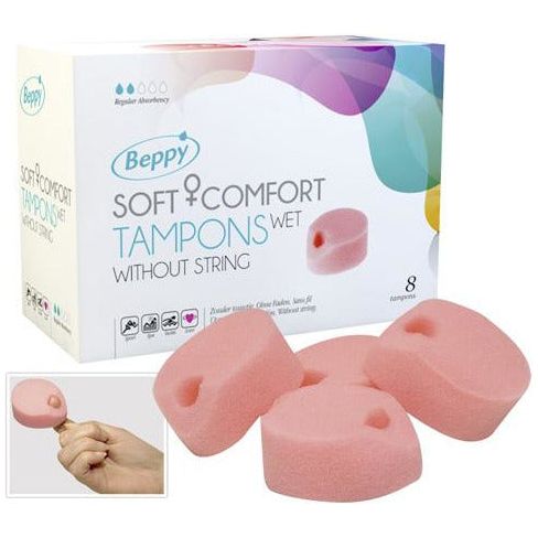 Beppy Soft+Comfort Wet 8 Pcs - Cordless Hygienic Intimate Sponge for Women - Long-Lasting Protection, Easy Insertion and Removal - Environmentally Friendly - Individually Wrapped
