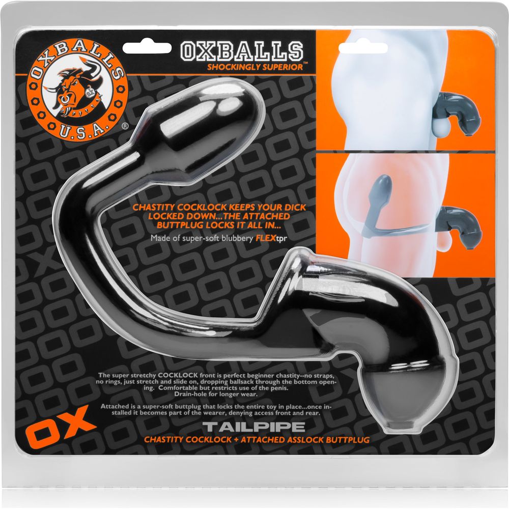 Oxballs Tailpipe Asslock and Cocklock - Ultimate Chastity Pleasure Device for Men - Model TPA-001 - Ergonomic Buttplug with Cockcage - Intense Stimulation - Black