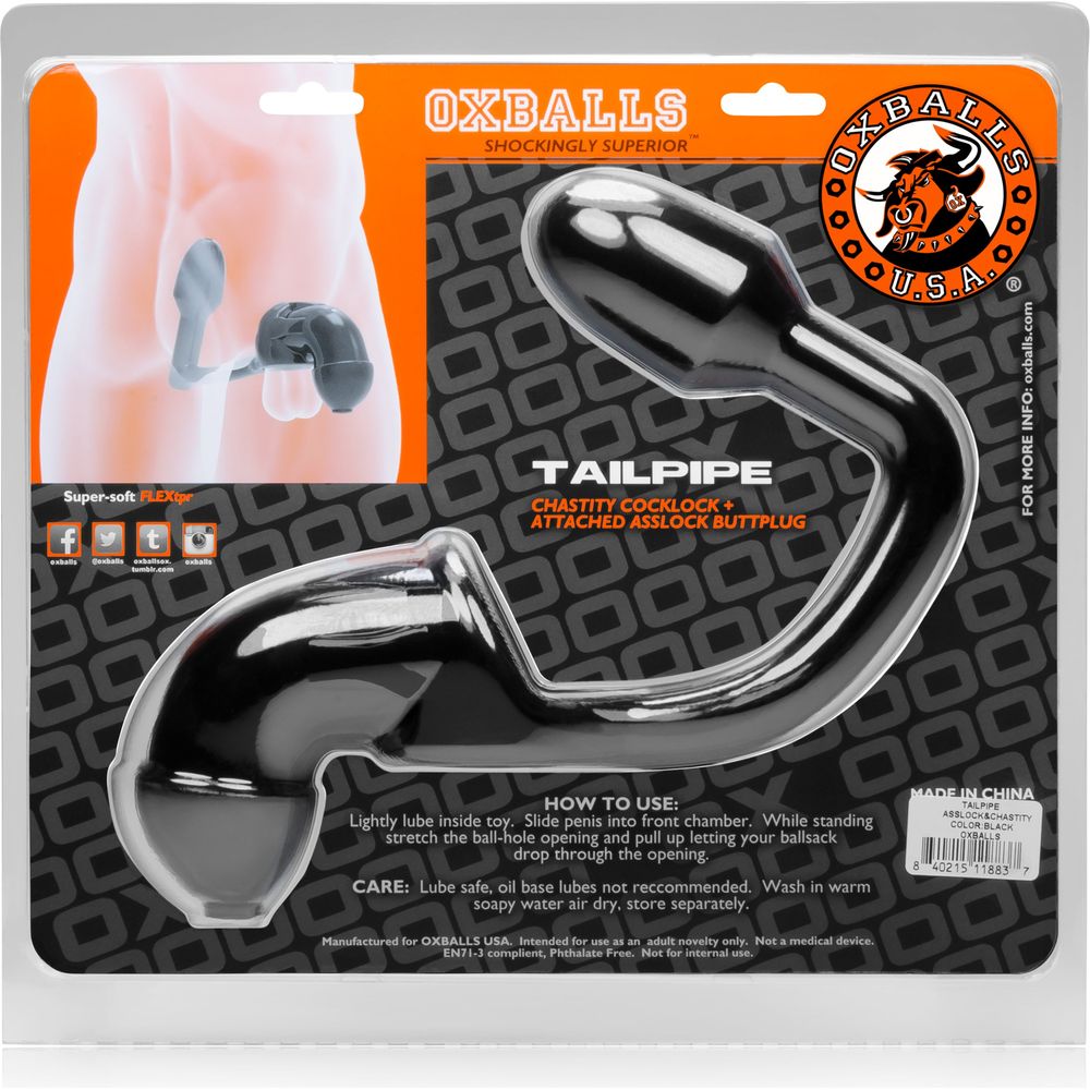 Oxballs Tailpipe Asslock and Cocklock - Ultimate Chastity Pleasure Device for Men - Model TPA-001 - Ergonomic Buttplug with Cockcage - Intense Stimulation - Black