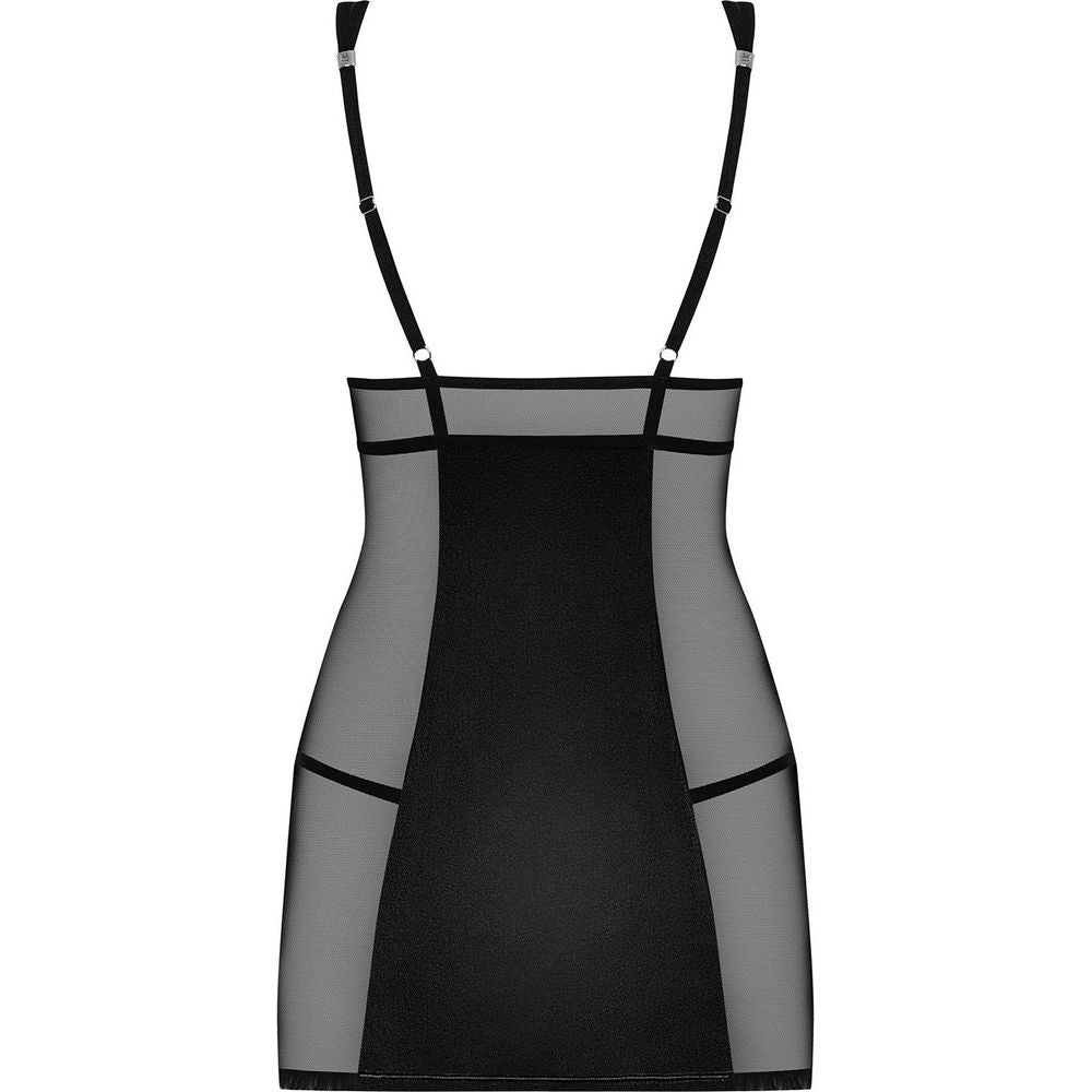 Introducing the Sensual Pleasures Sheer Mesh and Glossy Fabric Side Mesh Dress and Thong Set - Model SPM-001, for Women, Designed for Intimate Seduction and Sensual Delights, in Elegant Black