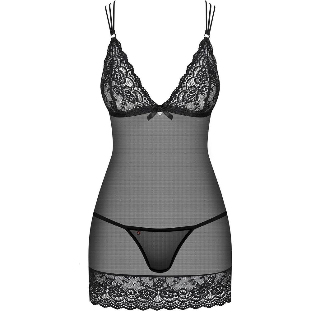 Introducing the Seductive Secrets Mesh and Lace Chemise and Thong Set - The Ultimate Sensual Delight for Women in Black
