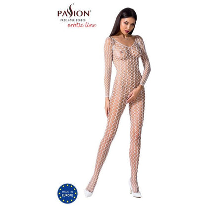 Seductive Secrets: Lustful Lace Ribbed Mesh Bodystocking BS068 - Open Crotch and Rear - White
