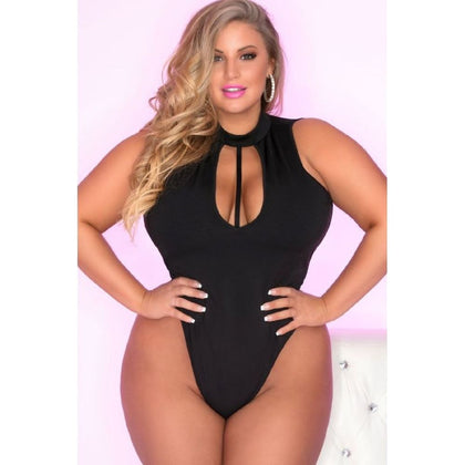 Introducing the Sensual Pleasures Collection by IntimaLux: Taking Risks Choker Bodysuit - Model X69, Plus Size, Thong Style, Open Torso, Black