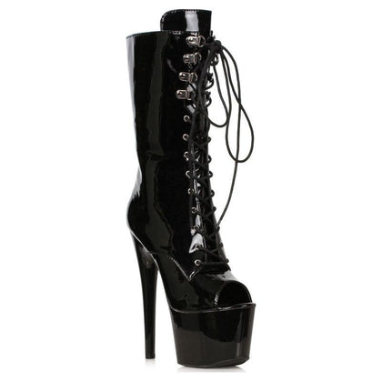 Ellie Shoes Peep-Toe Ankle Boot Black 7in Stiletto Lace-Up Front